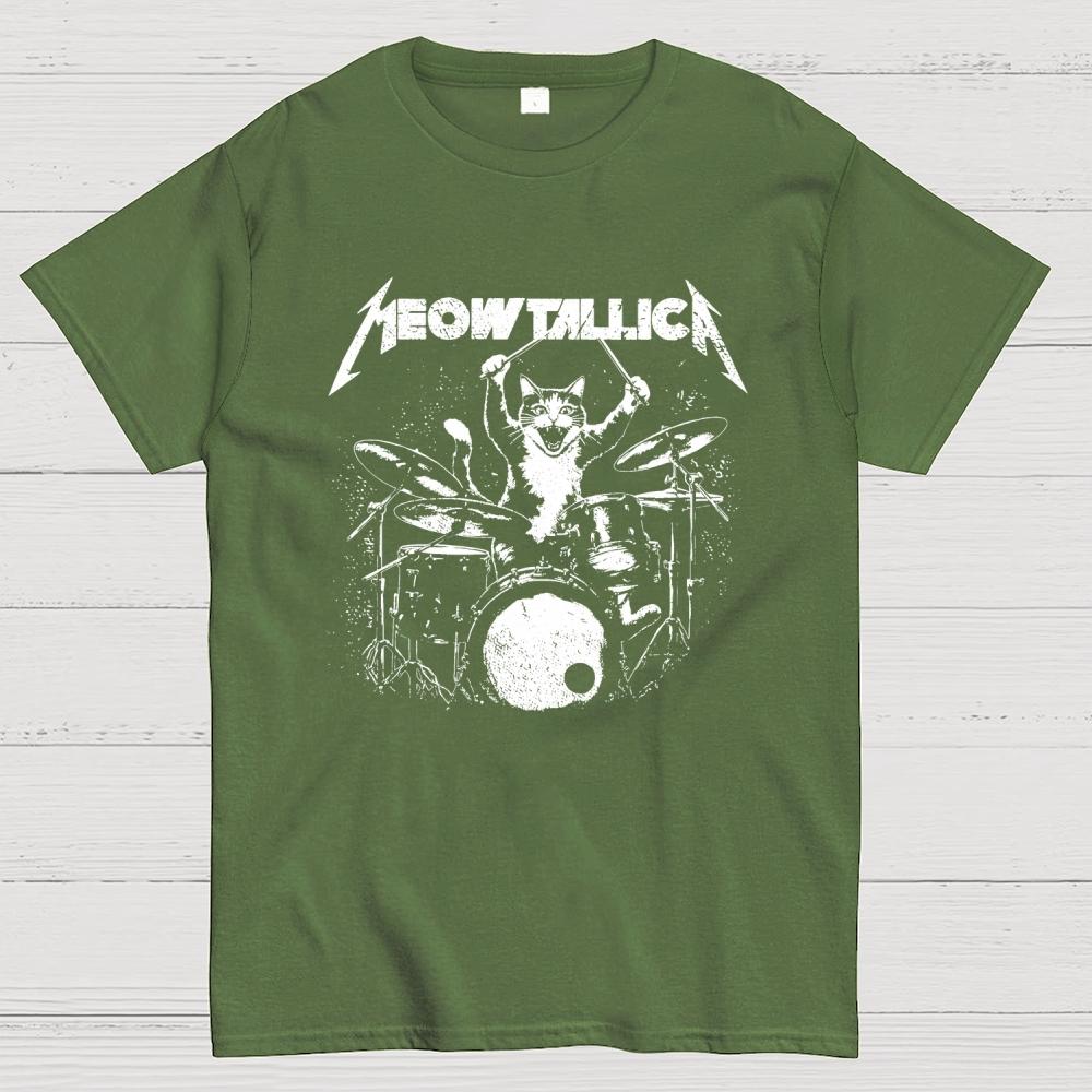 Meowtallica Cat Drummer funny cat Cotton Casual Cool Loose T-Shirt