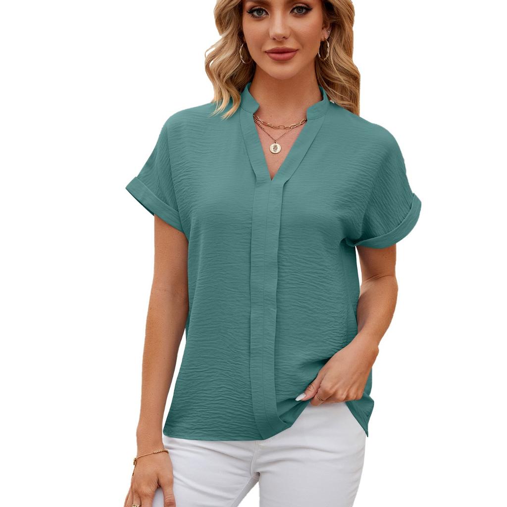 Spring Summer New Solid Color V-neck Short Sleeve Loose Casual Chiffon Blouse For Cross-border Women