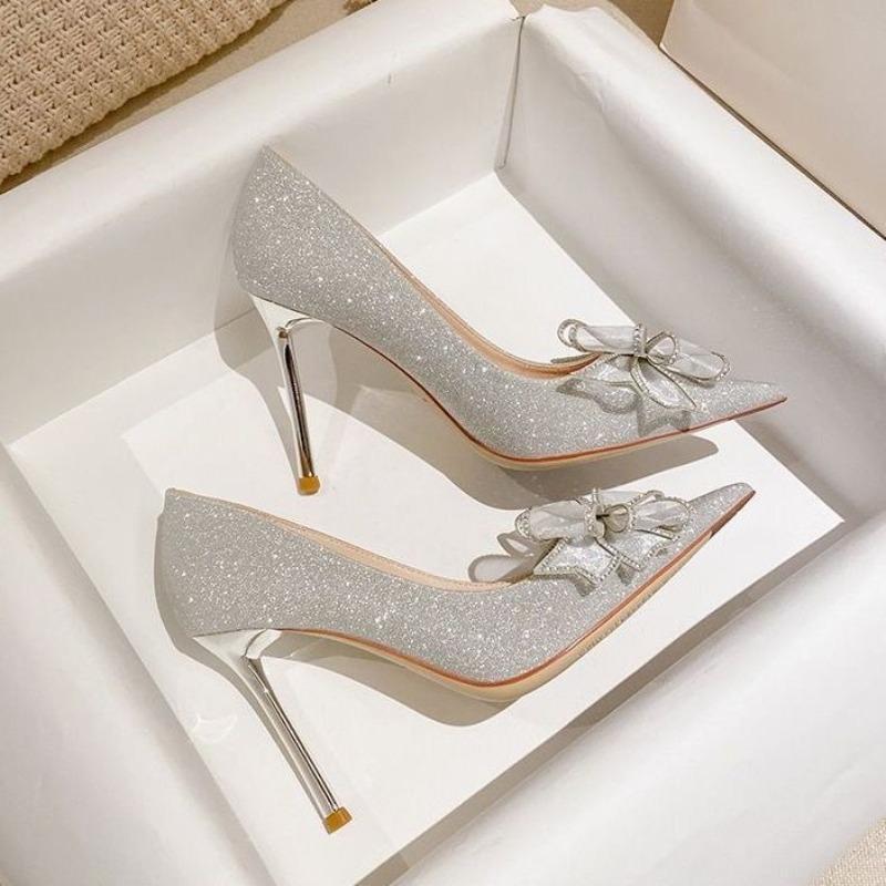Spring and summer new champagne bow high heels women's pointed head shallow mouth crystal stiletto bridal wedding shoes