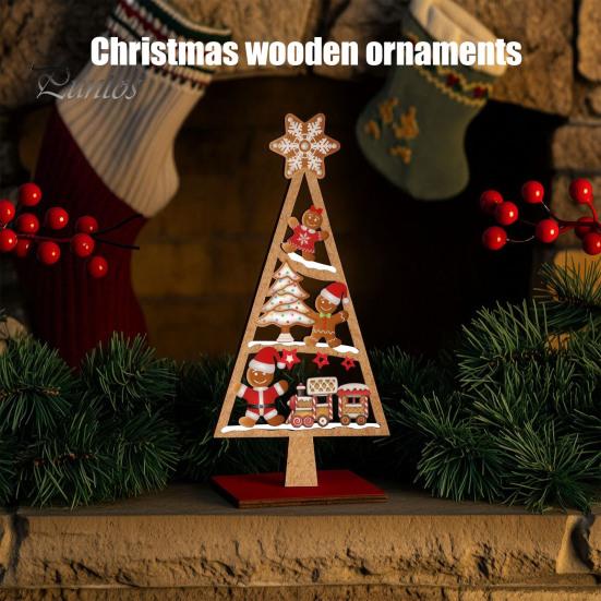 Wooden Christmas Party Decor Tree Tabletop Sign, Rustic Gingerbread Snowman Gnome Desktop Ornament with Star Gift for Family Topper, Vintage