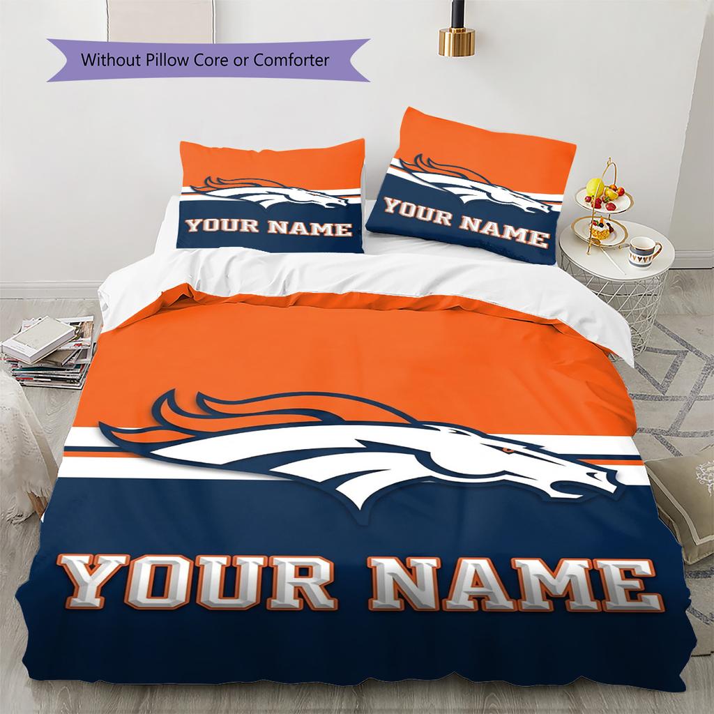 Name Custom Denver Broncos Pattern Bedding Set Quilt Cover Pillowcase Home Decor Gift (1 * Duvet Cover + 2 * Pillowcase, Without Core)