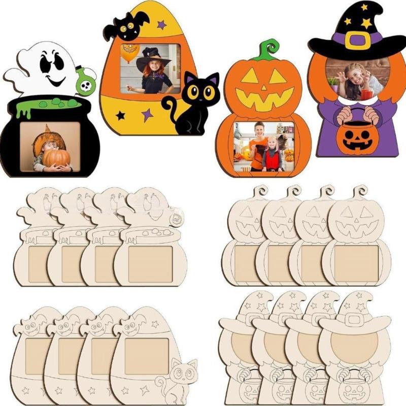 4PCS Unpainted Craft Frames Unfinished Wood Frame for Kid Adult Art Painting Photo Wall Ornament Halloween Supplies