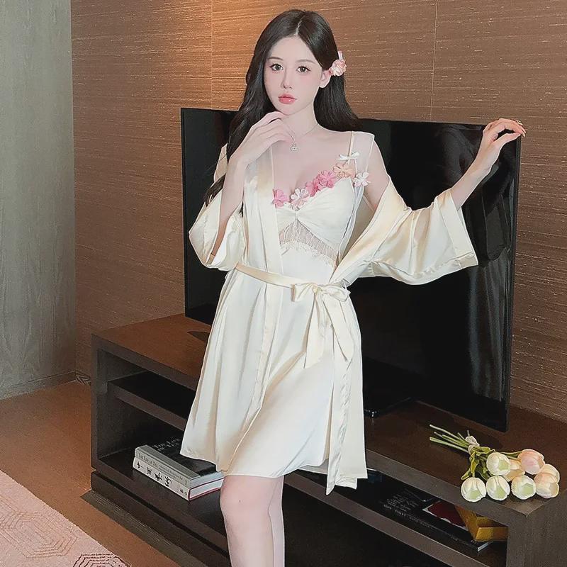 "Ice Silk Green Summer Nightdress & Robe Set with Chest Pad - Sexy & Lightweight Two-Piece"