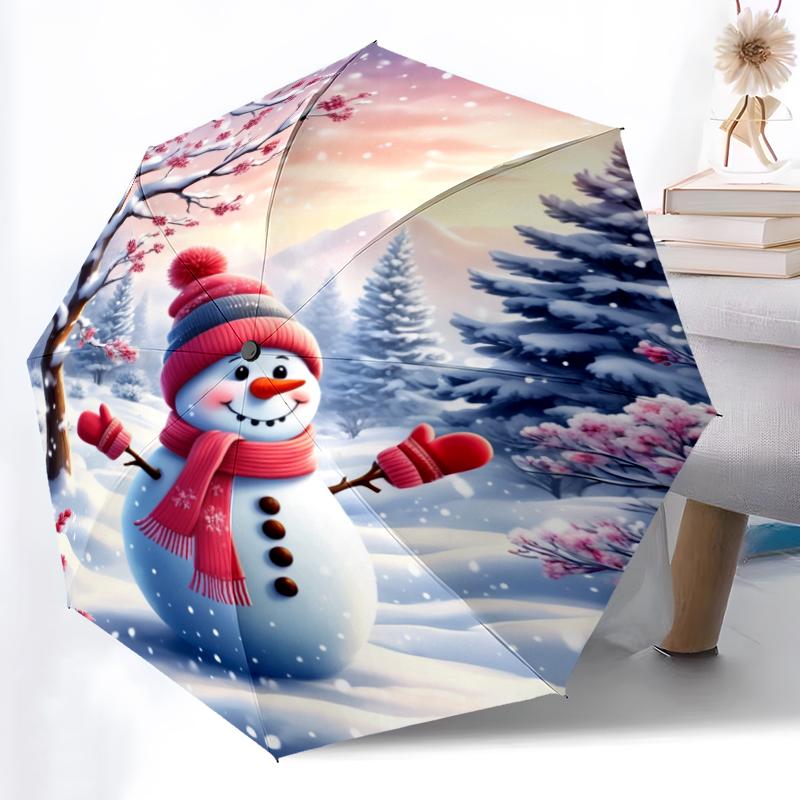 1pc Sturdy 8-Bone Auto Umbrella, Adorable Snowman Umbrella, Digital Printed, Foldable Umbrella for On-the-Go Outdoor Use