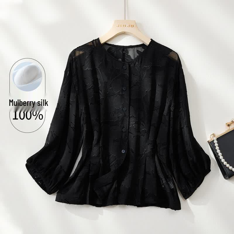 

Elegant Floral Jacquard Mulberry Silk Round Neck Top L