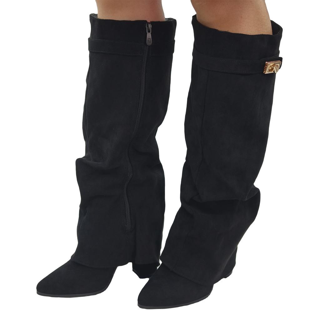 Stivali Alti da Donna Pieghettati Morbidi Sulla Ginocchia Retro Finta Pelle Scamosciata Punta Appuntita Tacco Blocco Stivali Alti Scarpe