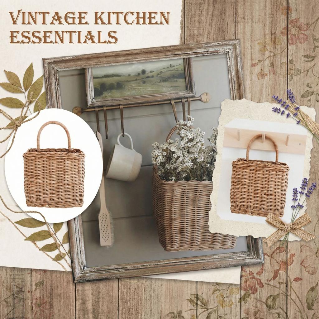 Cesta de Tecido, Cesta de Armazenamento para Cozinha, Cesta Retro de Parede, Cesta de Flores de Mão, Cesta de Rattan