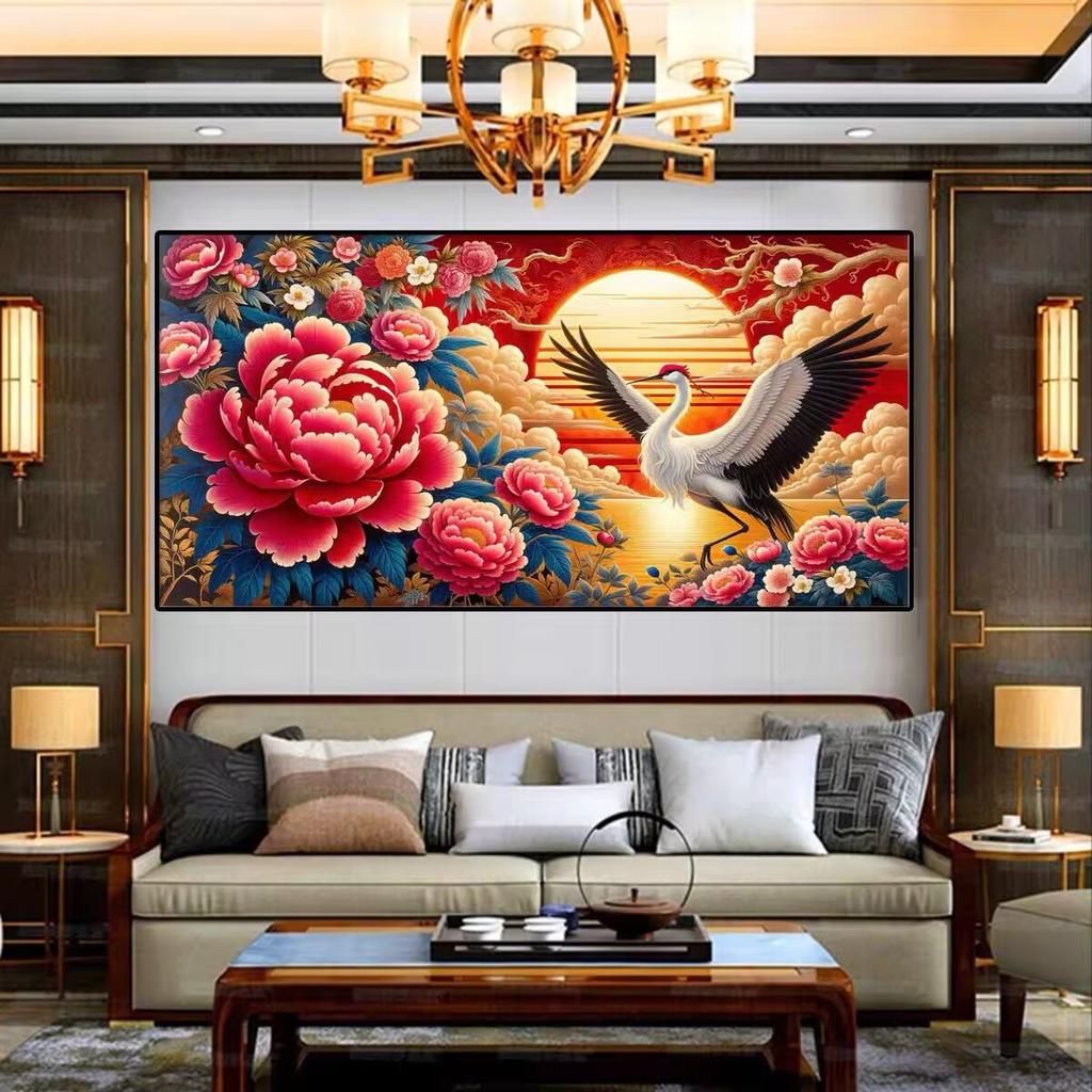 5D Diamantmalerei Aufgehende Sonne Blumen Reicher Kranich Singender Frühling Voll von Diamant Mosaikkunst Kreuzstich DIY Wohnzimmer Schlafzimmer Dekoration