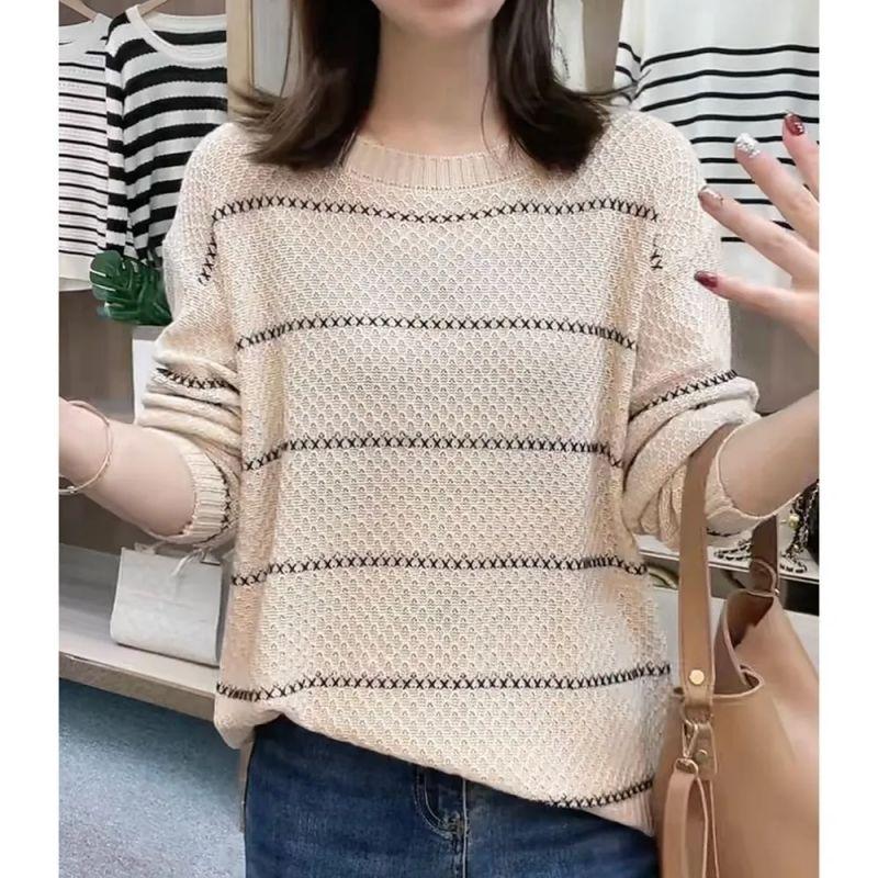 Suéter de Punto de Seda de Hielo con Calado Suelto Fino a Rayas Cuello Redondo Diseño de Manga Larga para Principios de Primavera