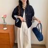 2026 Fall Womens Relaxed Fit Denim Jacket With Dual Front Pockets Collar Long Sleeve Korean Style Casual Outerwear