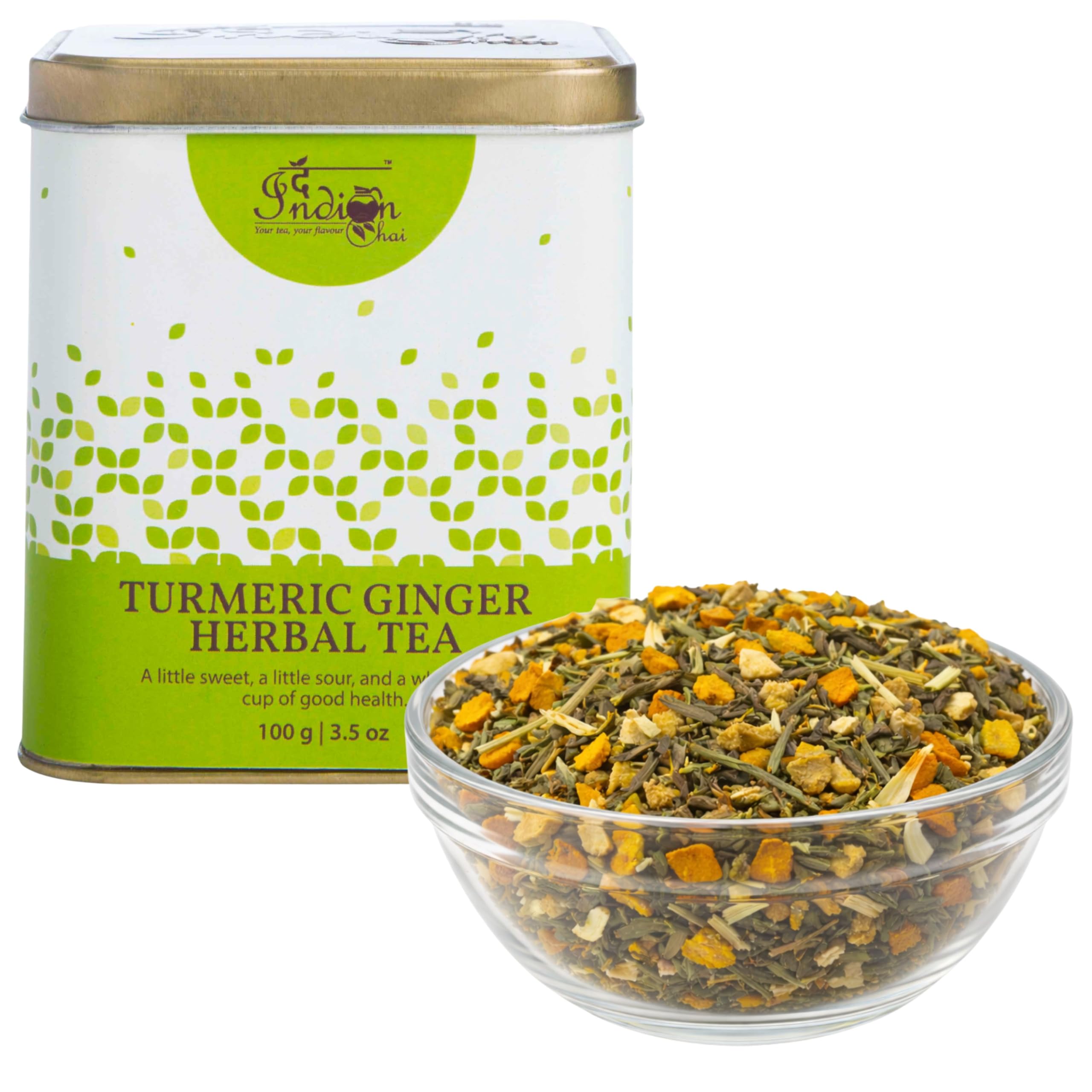 The Indian Chai Turmeric Ginger Herbal Tea 100g | Green Tea with Lemongrass, Licorice, Orange & Lemon Peel | Herbal Blend for Digestion, Imm
