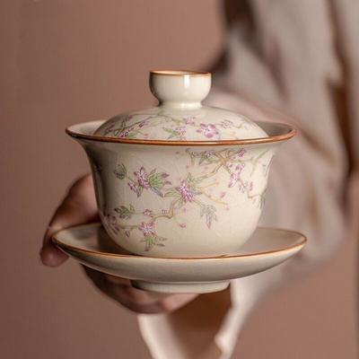Floral Pattern Ice Crack Sancai Gaiwan Porcelain Kungfu Tea Cup Household Tea Infuser Bowl Kitchen Teaware