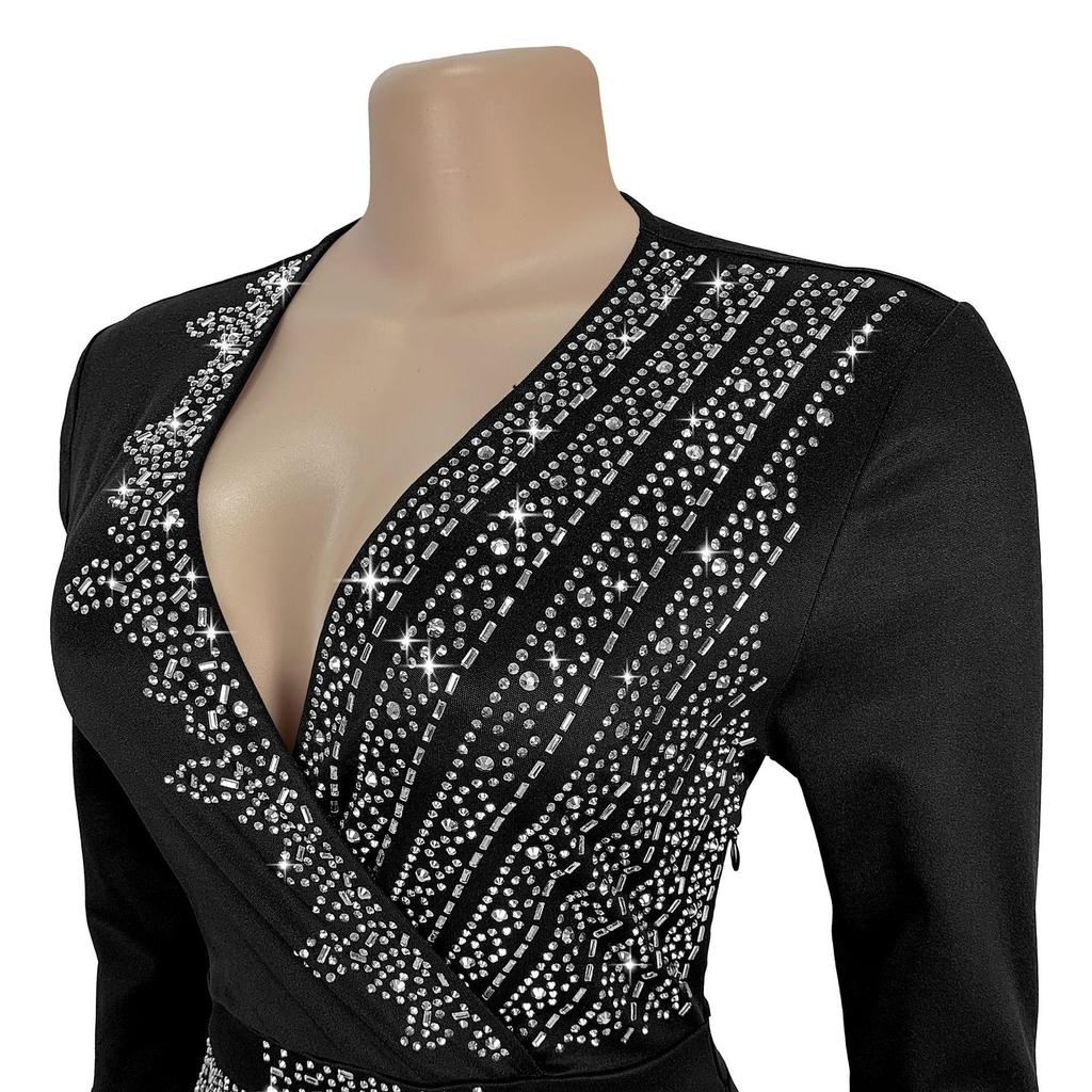 C7290 Elegantes europäisches und amerikanisches Mode Damen V-Ausschnitt Kleid mit halblangen Ärmeln und Hot-Drill-Design