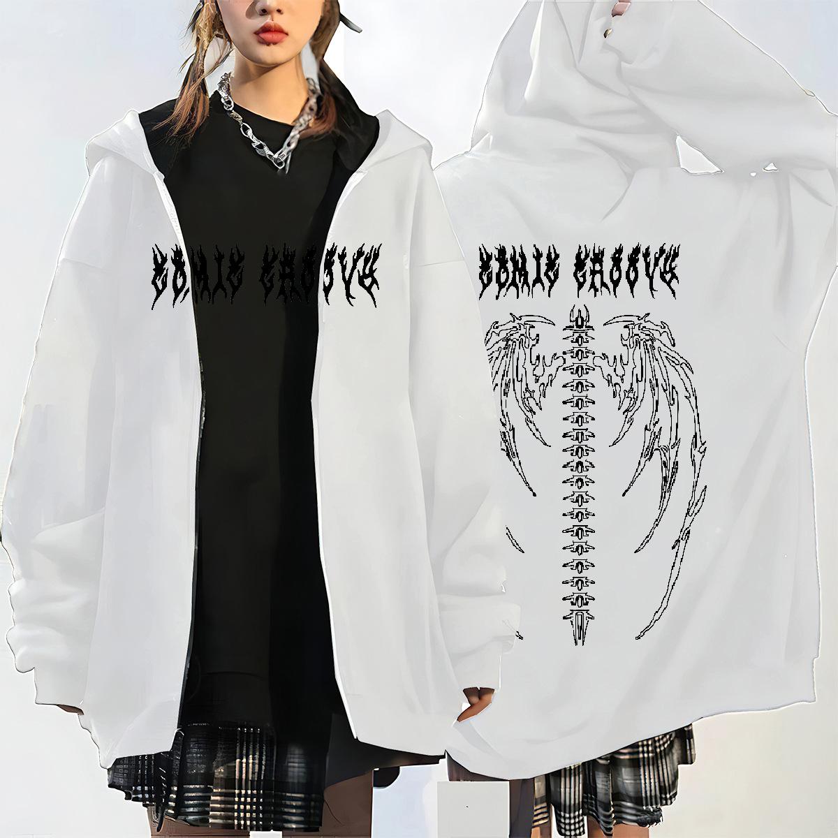 European and American dark style sweatshirt women s hoodie goth couple wings skull Harajuku large size zipper sweater S