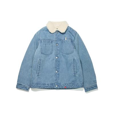 Lining Solid Color Brand Logo Zip-Up Fleece-Lined Denim Jacket Men Outerwear Blue AJDT003-6