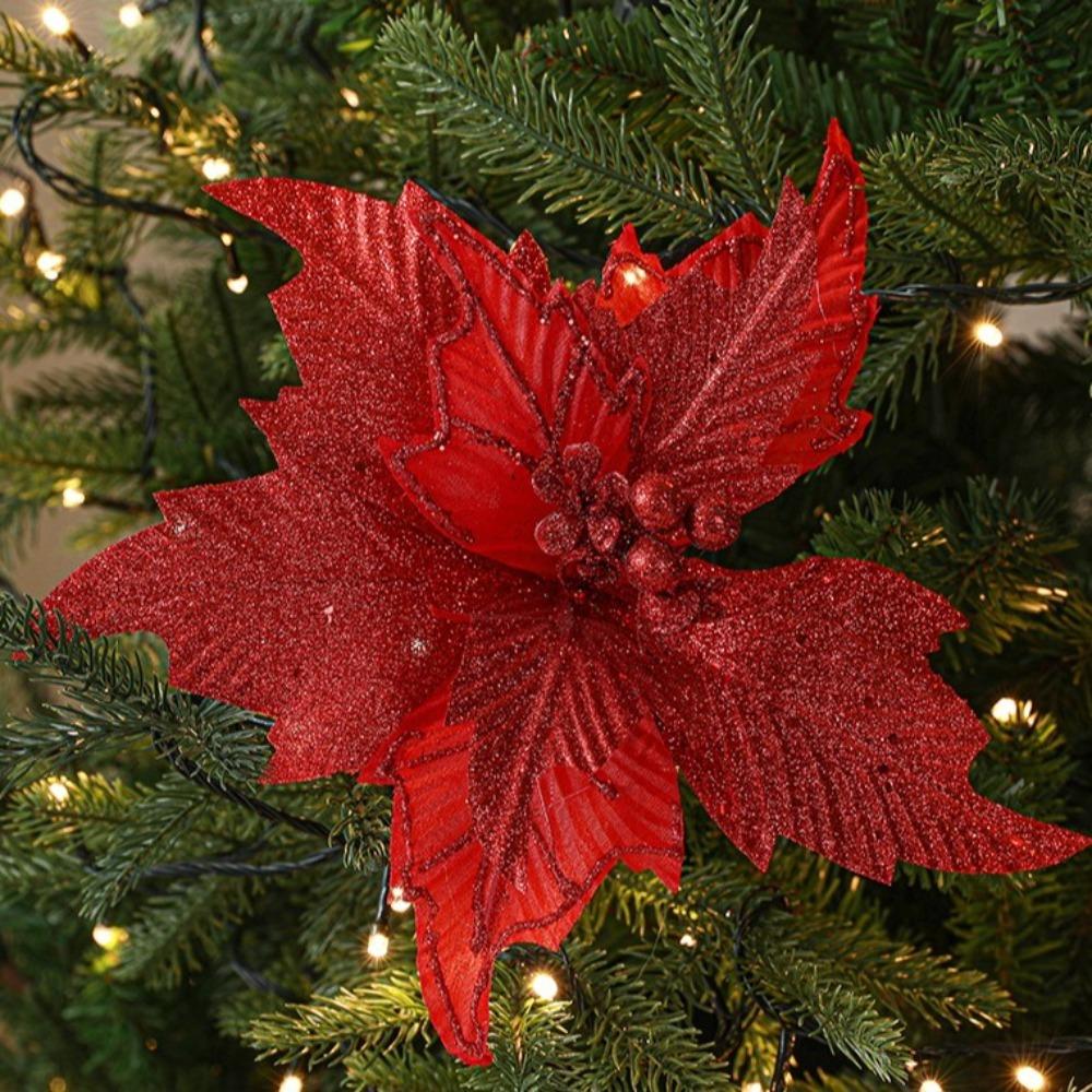 New 26cm Poinsettia Glitter Flower DIY Fake Flowers Christmas Flowers Large Wedding Decor Xmas Tree Decorations