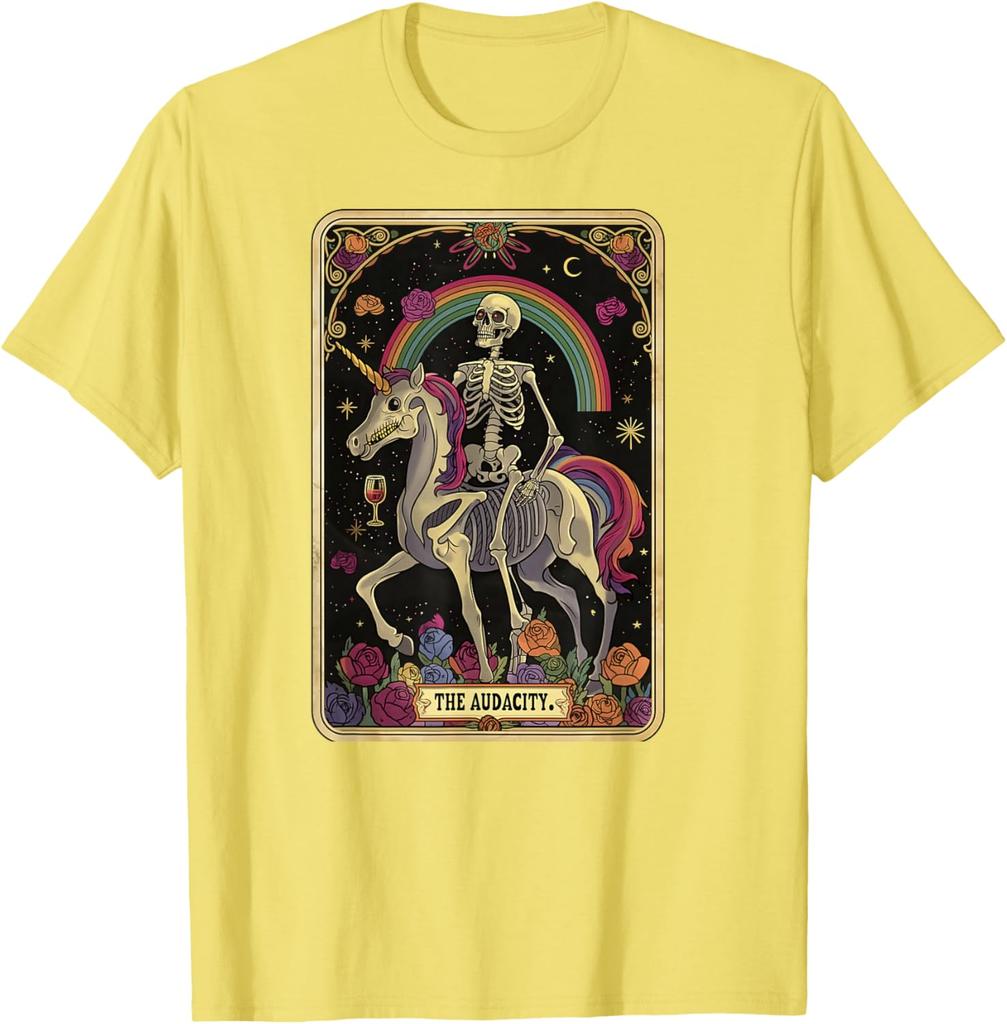 Skelett auf Einhorn reitend Tarot Die Kühnheit Grafik T-Shirt Lässiges Kurzarm Baumwoll-T-Shirt