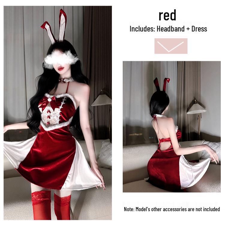 Christmas Bunny Girl Lingerie Costume: Backless Role Play Nightwear Dress