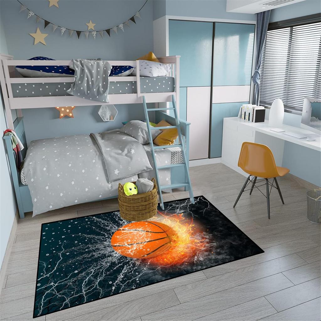 Black Basketball Sport Rug for Boys Bedroom and Playroom, Non-Slip Basketball Carpet, Living Room and Bedroom Decor