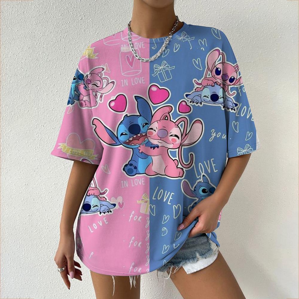Kawaii Women's T-shirt Disney Lilo&Stitch Casual Y2k T-shirt Round Neck Short Sleeved T-shirt 2025 Summer Women's Clothing