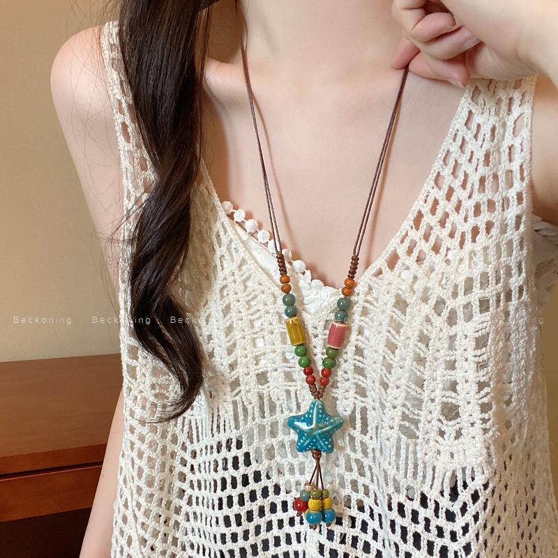 New Chinese Color Ceramic Beaded Star Necklace Female Bohemian Retro Ethnic Style Long Sweater Chain Accessories
