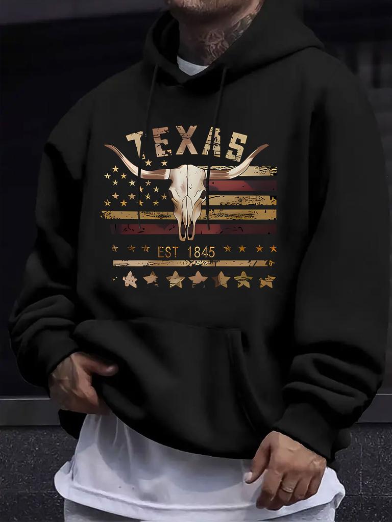 American Western Style Unisex Autumn Winter Print Hooded Long Sleeve Sweatshirt, American Retro Western Cowboy Flag Hooded Print Sweatshirt, Nostalgic