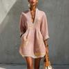 Women's Printed V-Neck Lace Trim Three-Quarter Sleeve Cotton Linen Loose Fit Short Dress with Belt for Summer Vacation