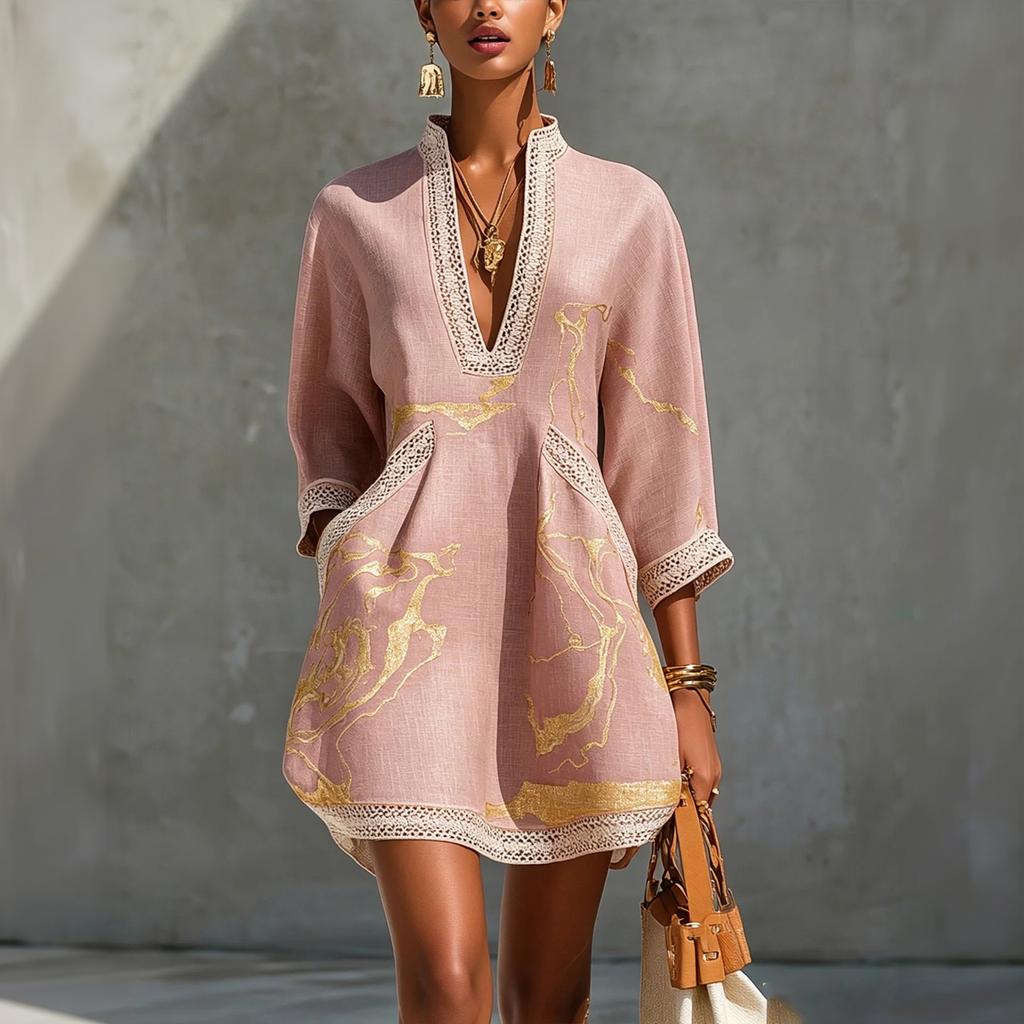 Women's Printed V-Neck Lace Trim Three-Quarter Sleeve Cotton Linen Loose Fit Short Dress with Belt for Summer Vacation