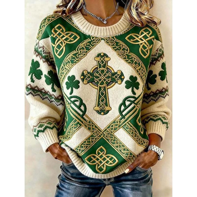 2026 Womens Oversized Knit-Style Crewneck Sweatshirt With 3D Clover Print Thick Warm Streetwear Top