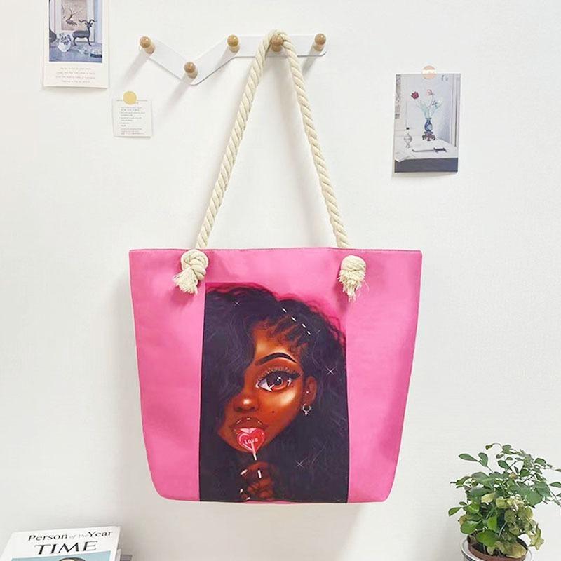 1pcs Stylish Multifunctional Tote Bag Large Capacity Beach Shopping Bag with Creative Print & Rope Durable