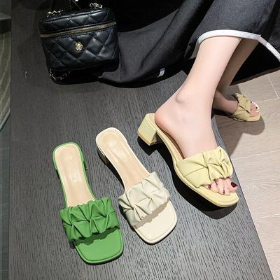 Classic Slippers for Women Slides Mules Square Mid Heels Shoes Woman Solid Pleated Summer Slippers Plus Size Zapatos De Mujer