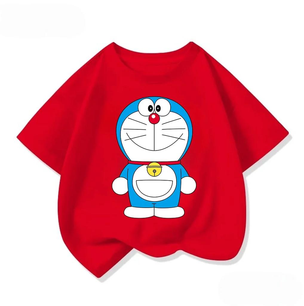 Cute Boys Girls Short Sleeve T Shirt Doraemon Cartoon Pattern Crew Neck Comfort Summer Casual Daily Wear 3 To 14Y