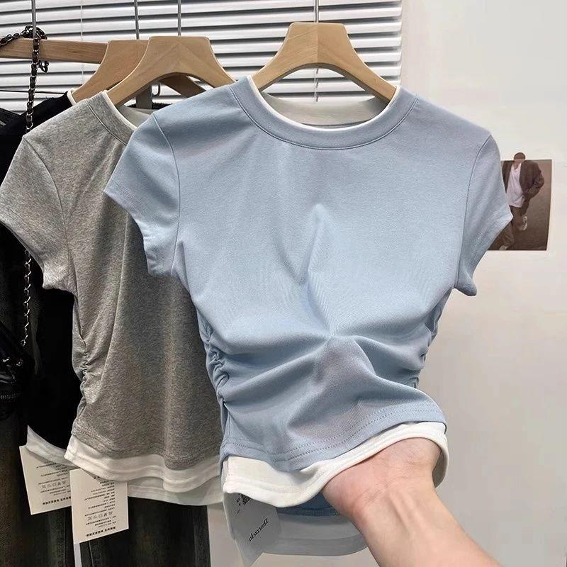 

Women s Round Neck Color Block Ruched T-shirt Extra Large синий