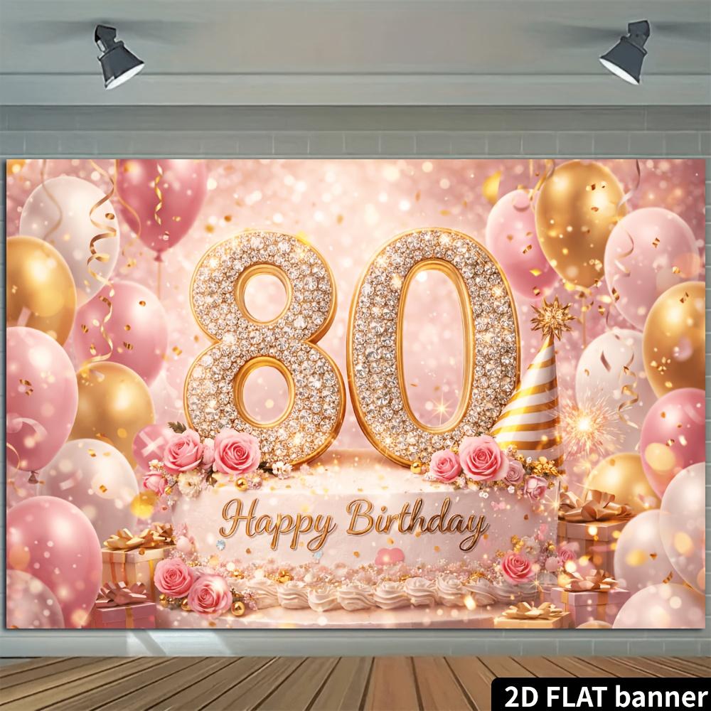 Fondo de pancarta de fiesta de 80 cumpleaños en plano 2D con número 80 incrustado con diamantes, tema de cumpleaños 80 hecho de material de poliéster