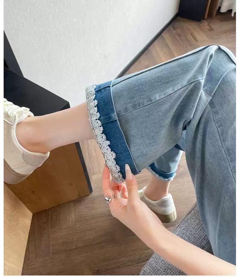Women's Summer 2026 Lace Trim Baguette Jeans with Embroidered Patchwork: Petite, Slim Fit, 7/8 & 9/10 Lengths