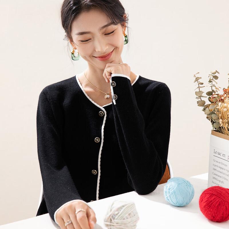 TUHUANG Women's Pure Wool Color-block Knit Cardigan