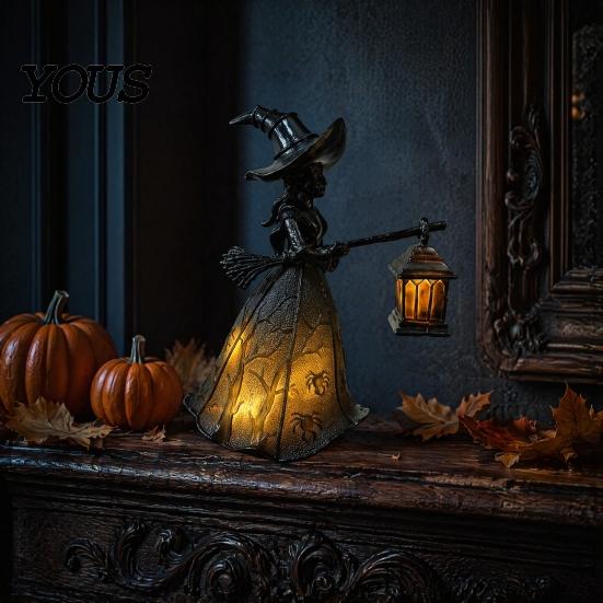 Retro Halloween Party Supplies Witch Holding Lantern Light, with Spider Web Pattern Decor, Glowing Secret Room Atmosphere Gothic Style Resin