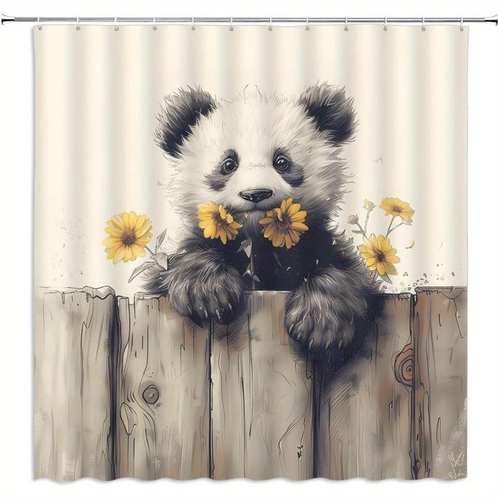 Tenda da Doccia Panda, Animale Divertente e Floreale Giallo - Recinzione Rustica, Design in Legno Rustico, Poliestere, 12 Ganci