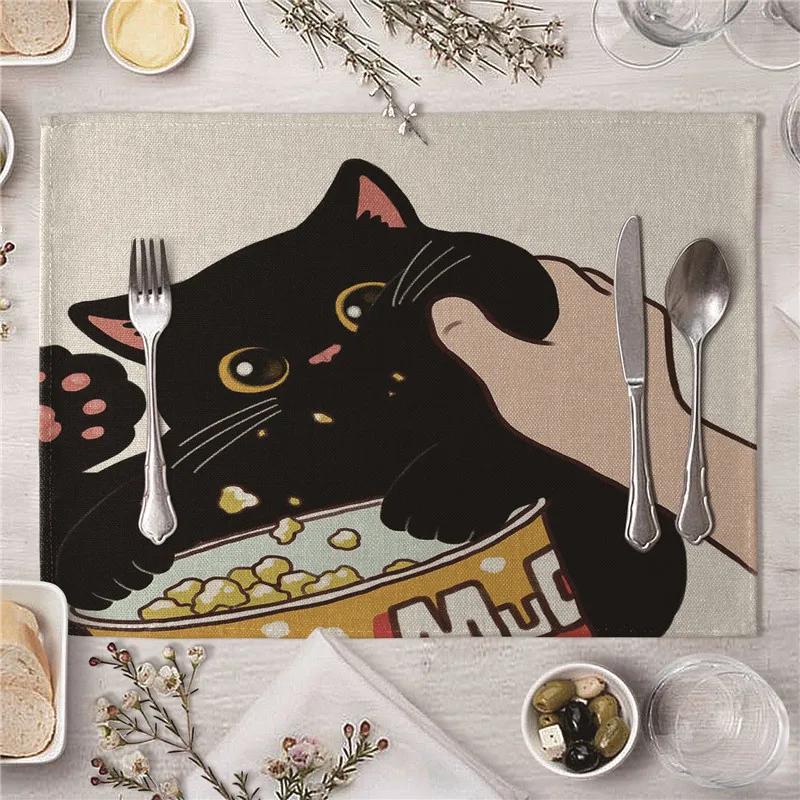 Cute Kiss Cat Pattern Kitchen Placemat Dining Table Mats Drink Coasters Western Pad Cotton Linen Cup Mat 45*32cm