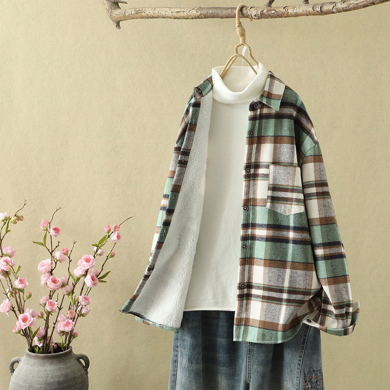 

Женская мода И зимняя стеганая и утолщенная твидовая клетчатая рубашка Теплая повседневная рубашка-куртка L зелёный