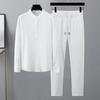 Conjunto De Calças De Camisa Masculina Com Cintura Elástica Perna Larga Gola Plus Size Cor Sólida Trespassado Fino Macio Casual Manga Longa Outono Primavera Calças Top