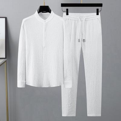 Herren-Hemd-Hosen-Set, elastische Taille, weites Bein, Stehkragen, Übergröße, einreihig, einfarbig, dünn, weich, lässig, langärmelig, Herbst-Frühling, Oberteil, Hose