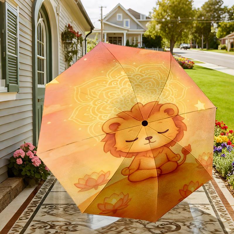 Peaceful Lion Lotus Mandala Umbrella: Automatic Opening & Closing, Outdoor Protection, Lightweight & Durable Travel Accessory