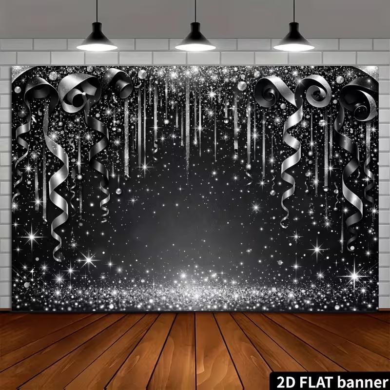2D Schwarz Silber Glitzerband Hintergrund Neujahr Geburtstagsparty Dekoration Banner
