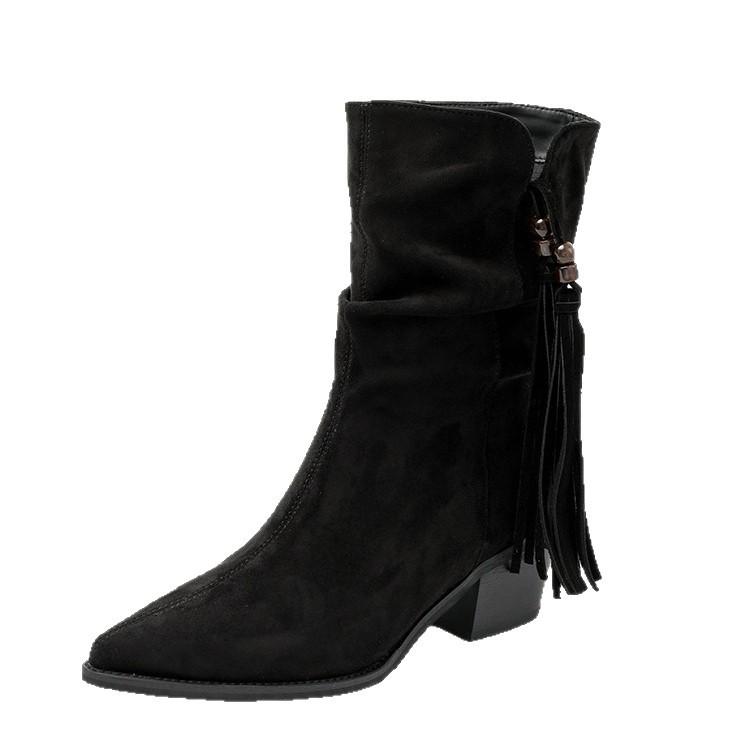 Vintage Maillard Damen-Kurzstiefel mit hohem Absatz für 2025, neu, mit Fransen, dickem Absatz, vielseitiger spitzer Zehenpartie, Temperament, riesige, gutaussehende Martin-Stiefel