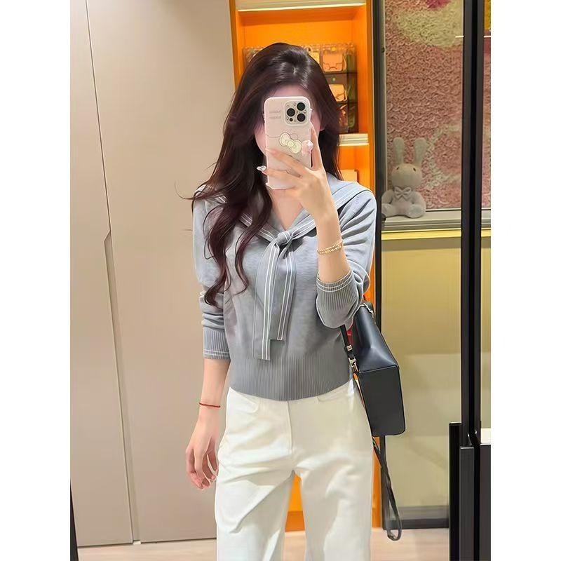

College style Navy collar autumn and winter knitted sweater versatile design sense fashion short top women one size fits all