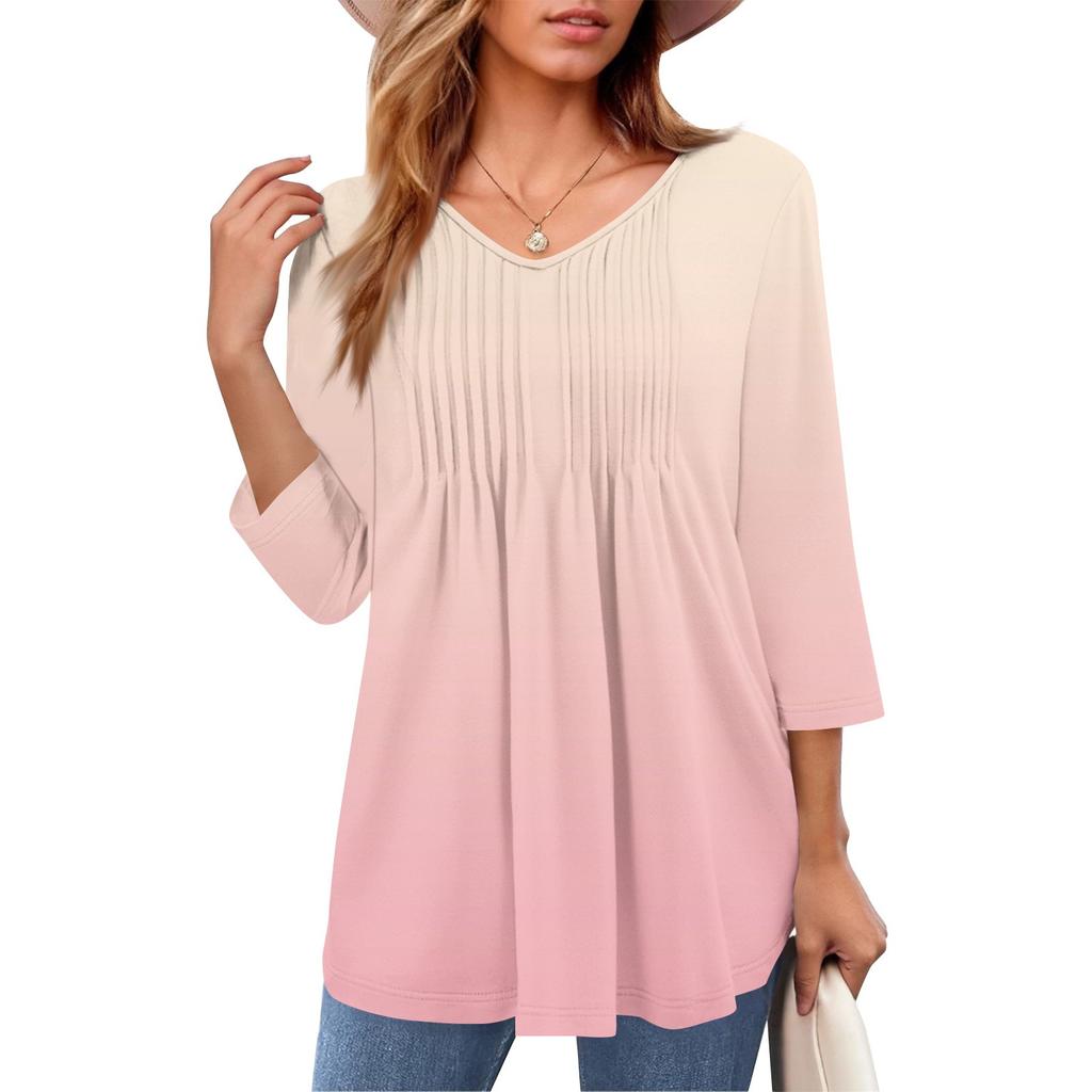 Damen Tops V-Ausschnitt Dreiviertelärmel Gestreift Plissee Casual Sommermode Shirt Tops