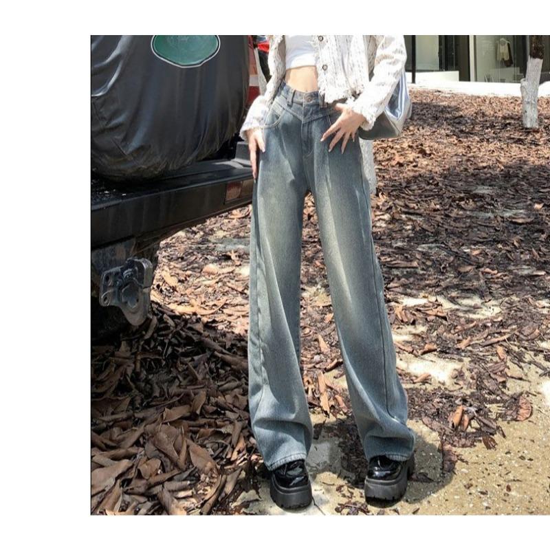 Vintage Blue High Waist Slim Fit Straight Leg Wide Jeans Casual Spring Autumn Retro Denim Pants