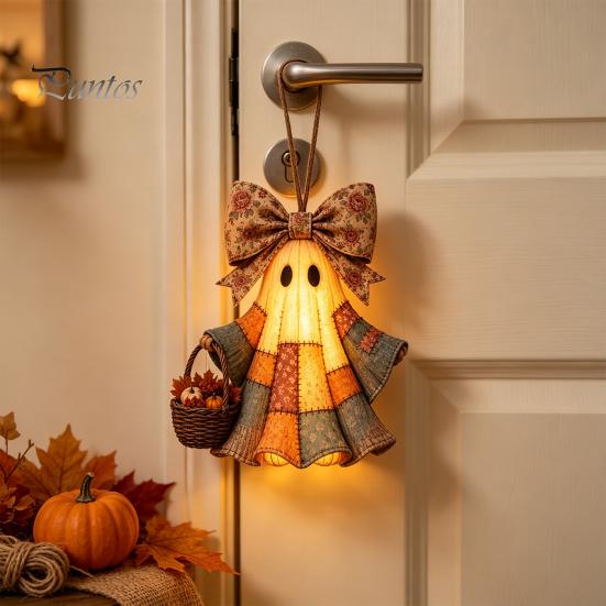 Durable Festival Party Supplies Lighted Vintage Patchwork Ghost Door Hanger, Rustic Farmhouse Figurine, LED Light Up Resin Wall Ornament Halloween