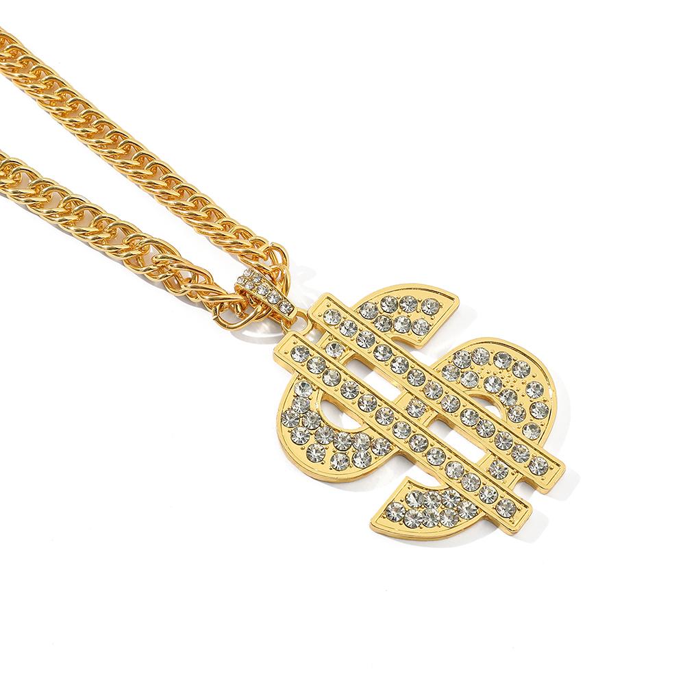 Full of Rheinstone Hip Hop Golden Dollar Sign Pendant Necklace Men Women Punk Fashion Rock Rap Jewelry Gift
